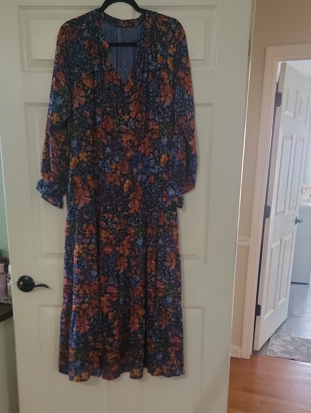 Floral V-Neck Long Sleeve Maxi Dress - Blue Floral